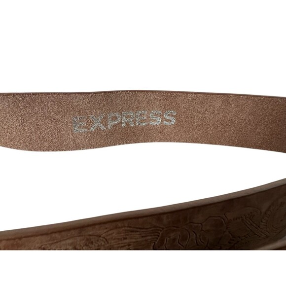 Express Brown Floral Tooled Leather Belt w Stone & Rock Buckle  Size S  Artisan - Picture 11 of 14